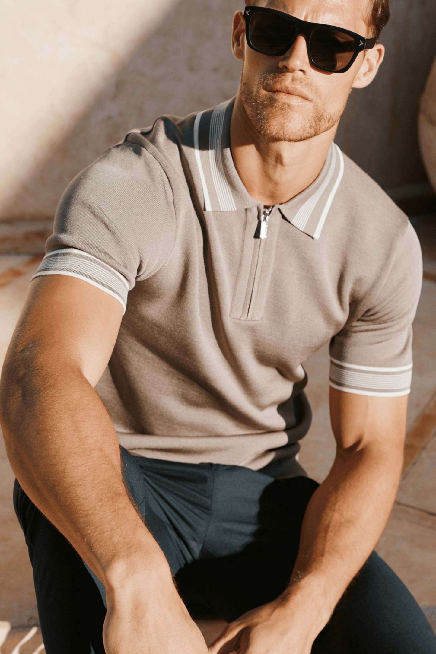 Vida Knitted Stripe Polo - Taupe
