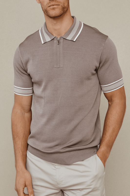 Vida Knitted Stripe Polo - Taupe