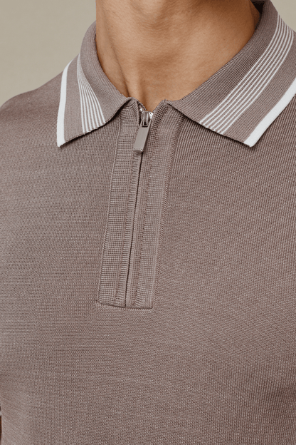 Vida Knitted Stripe Polo - Taupe