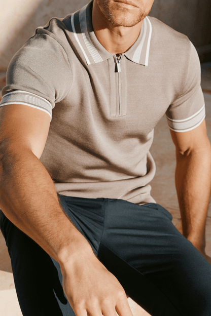 Vida Knitted Stripe Polo - Taupe