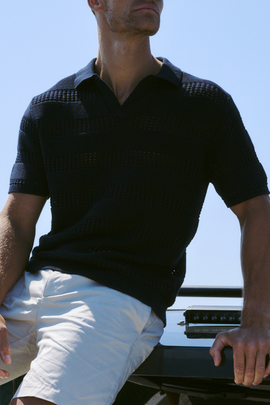 Frattina Crochet Cotton Knit Polo - Navy